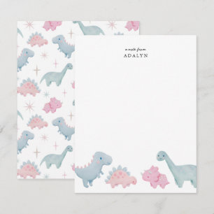 Tarjeta de nota para niños de dinosaurios rosados