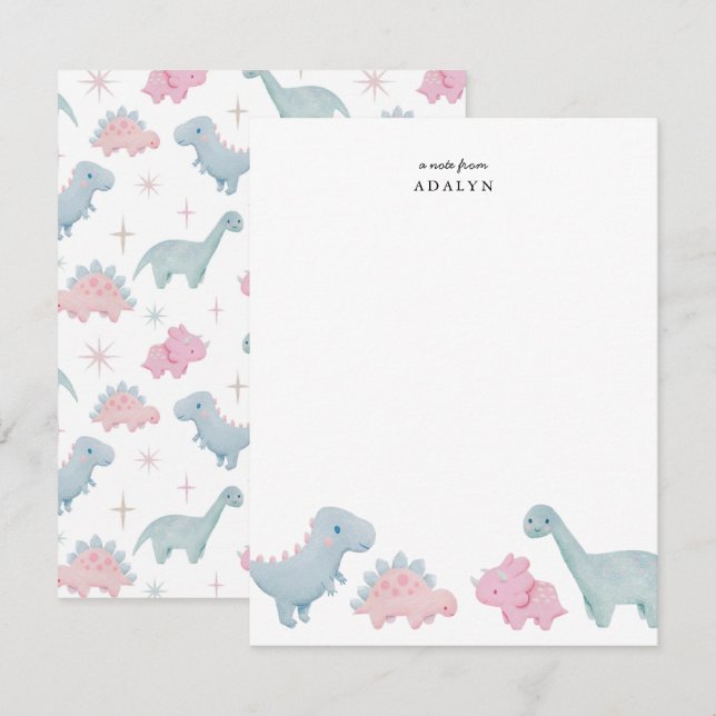 Tarjeta de nota para niños de dinosaurios rosas (Anverso / Reverso)