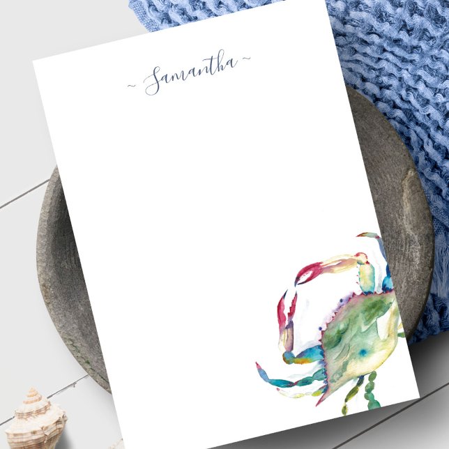 Tarjeta de nota personal Watercolor Beach Crab (Personalized notecard beach watercolor blue crab)