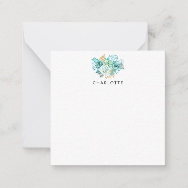 Tarjeta de nota personalizada Aqua Blue Gold Flora (Anverso)