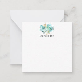 Tarjeta de nota personalizada Aqua Blue Gold Flora