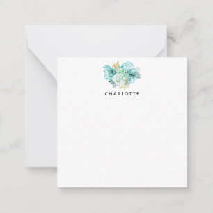 Tarjeta de nota personalizada Aqua Blue Gold Flora