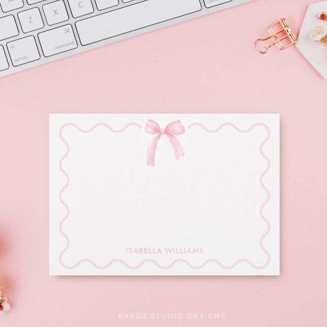 Tarjeta de nota personalizada de lazo de acuarela  (Flat note card is shown in 3.5 x 5 inches. Add name, choose size and corner style.)