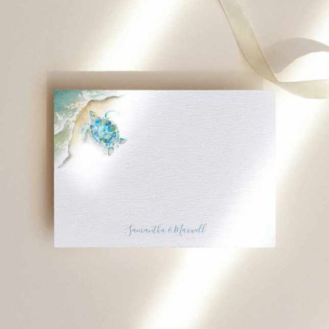 Tarjeta de nota personalizada sobre el océano de l (Beach stationery note card watercolor sea turtle art by Victoria Grigaliunas of Do Tell A Belle)