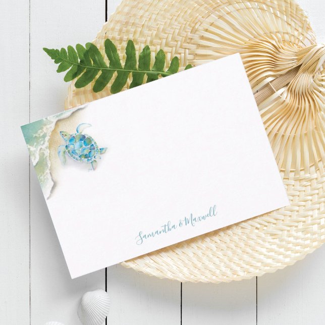 Tarjeta de nota personalizada Watercolor Beach Sta (Beach note cards watercolor sea turtle and ocean art by Victoria Grigaliunas Do Tell A Belle)