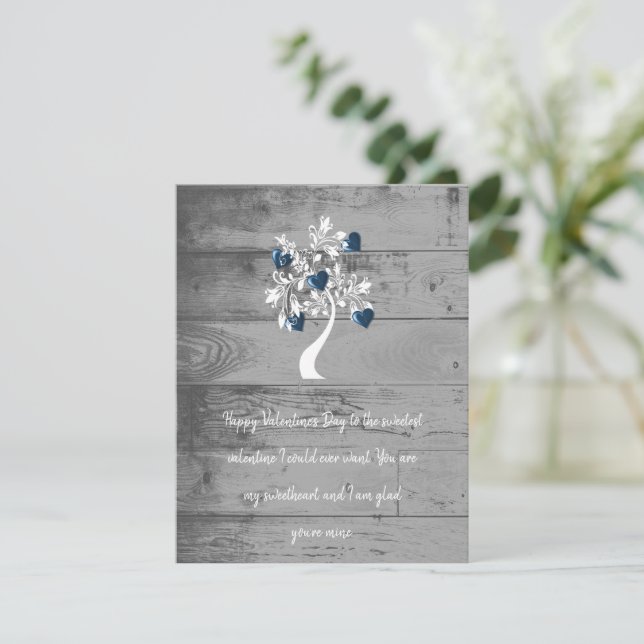 Tarjeta de nota plana Blue Valentine Hearts Tree (Anverso de pie)