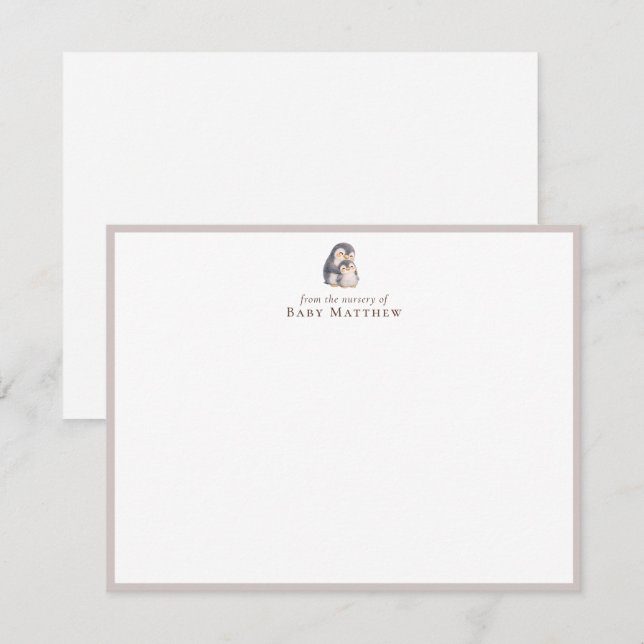 Tarjeta de nota plana de guardería de pingüino beb (Anverso / Reverso)