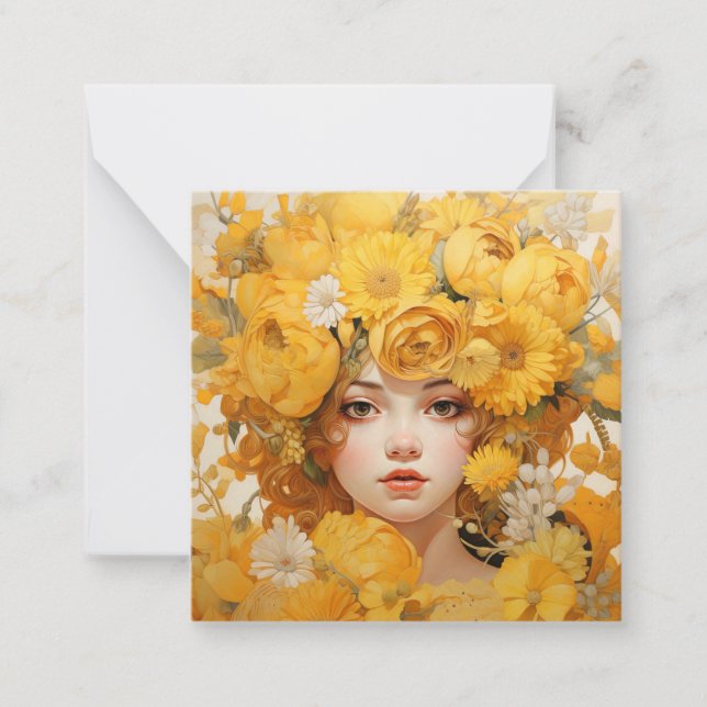 Tarjeta de nota plana Golden Floral Portrait Art C (Anverso)