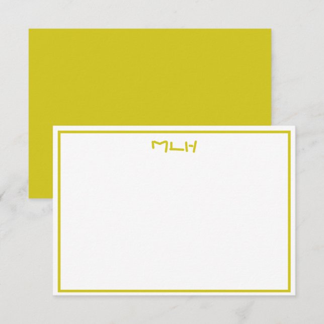 Tarjeta de nota plana monogramada blanca y amarill (Anverso / Reverso)