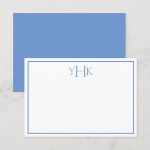 Tarjeta de nota plana monogramada en blanco y azul