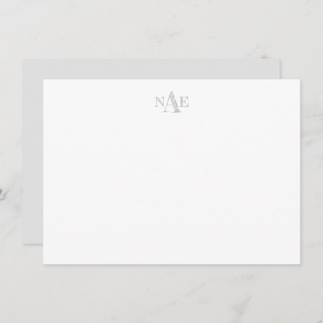 Tarjeta de nota plana monogramada en blanco y gris (Anverso / Reverso)