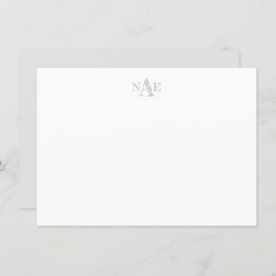 Tarjeta de nota plana monogramada en blanco y gris