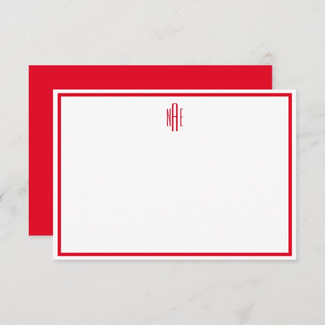 Tarjeta de nota plana monogramada roja y blanca (Anverso / Reverso)