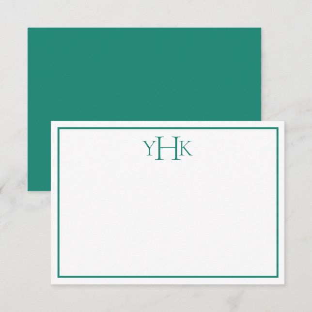Tarjeta de nota plana monogramada verde azulada y  (Anverso / Reverso)