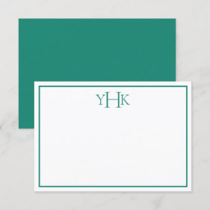 Tarjeta de nota plana monogramada verde azulada y 