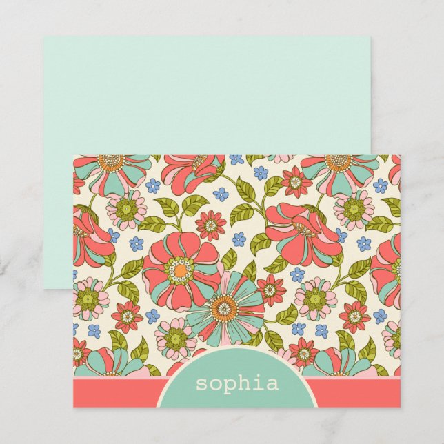 Tarjeta de nota plana Retro Rosa y Aqua Floral Per (Anverso / Reverso)
