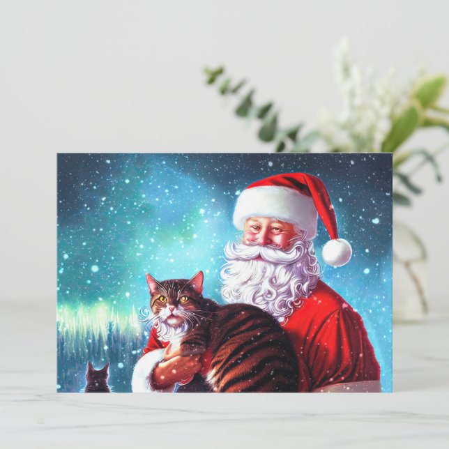 Tarjeta de nota plana Santa y Cat para navidades (Anverso de pie)