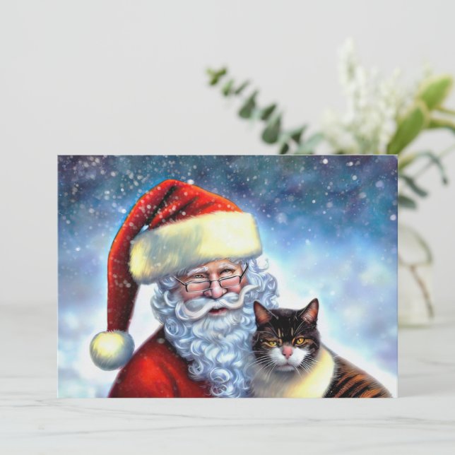 Tarjeta de nota plana Santa y Cat para navidades (Anverso de pie)
