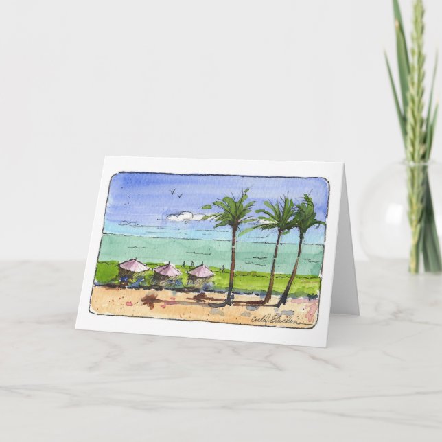 Tarjeta de nota plegada de los árboles de playa y  (Anverso)