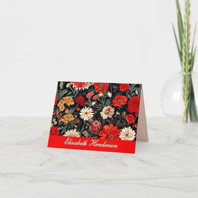 Tarjeta de nota plegada floral roja y crema oscura (Anverso)