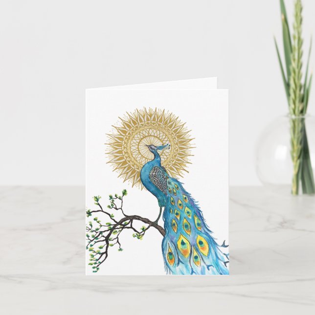 Tarjeta de nota plegada Peacock Mandala (Anverso)