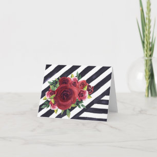 Tarjeta de nota rayada negra y blanca con flores r