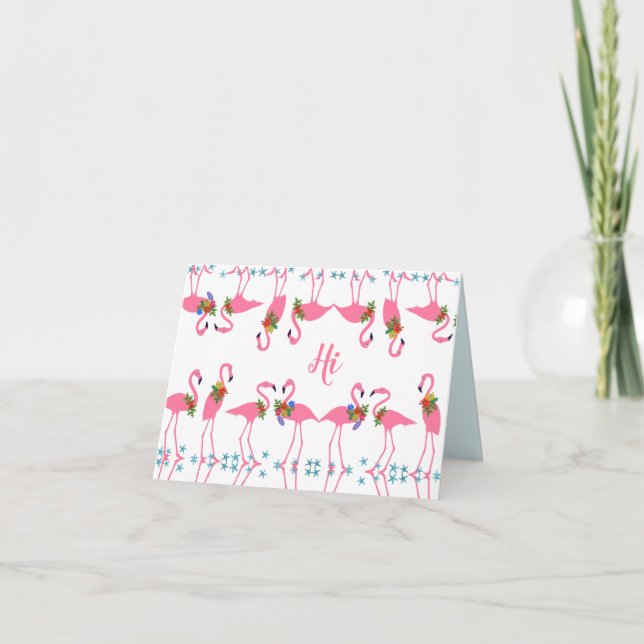 Tarjeta de nota rosa Flamingos en blanco "Hi" en l (Anverso)