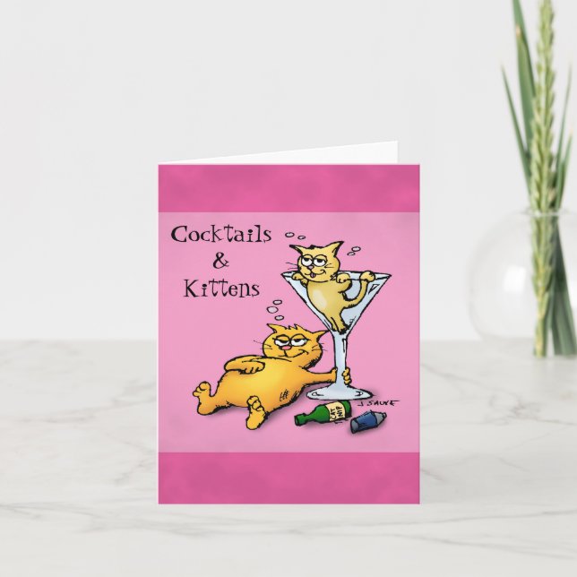 Tarjeta de nota rosa para cócteles y gatitos en bl (Anverso)