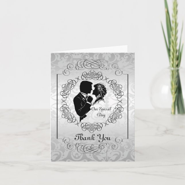 Tarjeta de nota Silvery White Bride y Groom Silhou (Anverso)