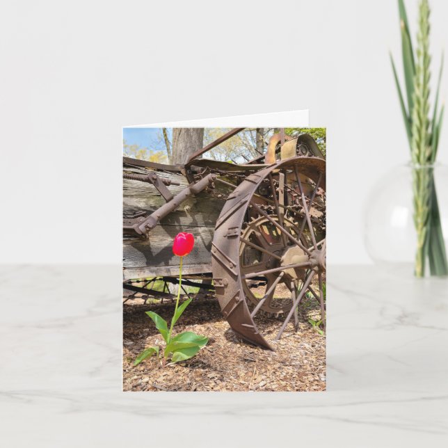 Tarjeta de nota sobre el tulipán rojo y el vagón a (Anverso)