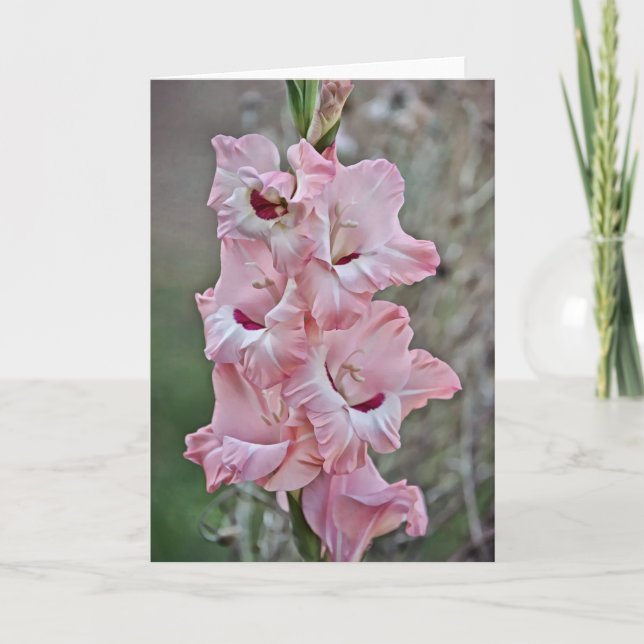 Tarjeta de nota sobre las flores de gladiolus rosa (Anverso)