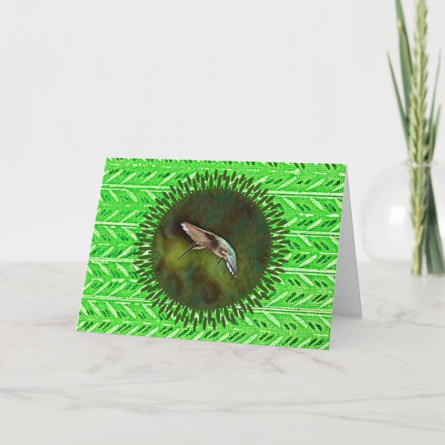Tarjeta de nota verde brillante Hummingbird Art (Anverso)