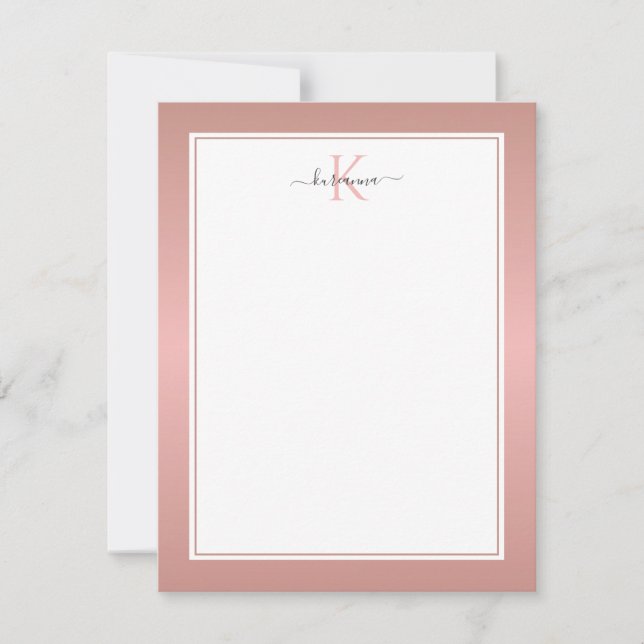 Tarjeta de Notas Chic Moderna Rosa Dorado Monogram (Anverso)