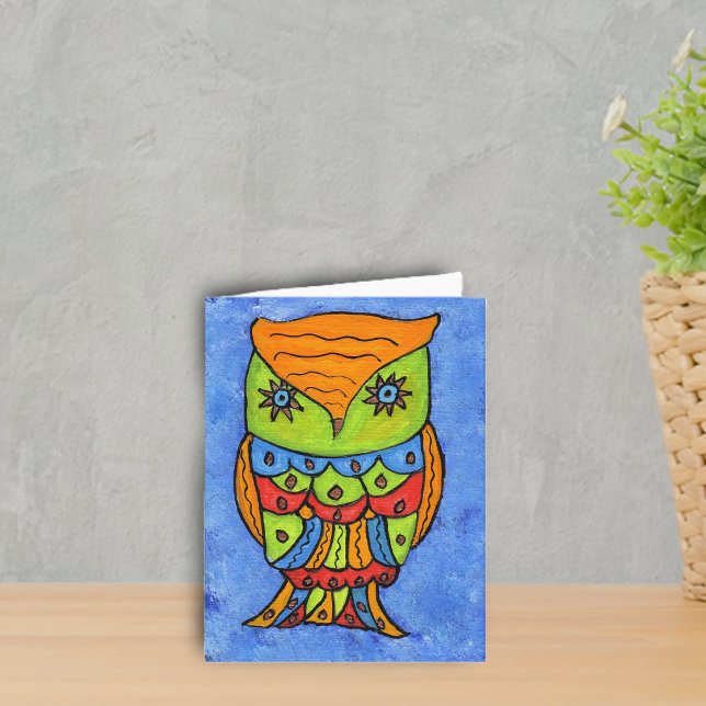 Tarjeta de notas de búho abstracto (Bright Colourful fantasy owl neon colours star eyes on blue notecard.)