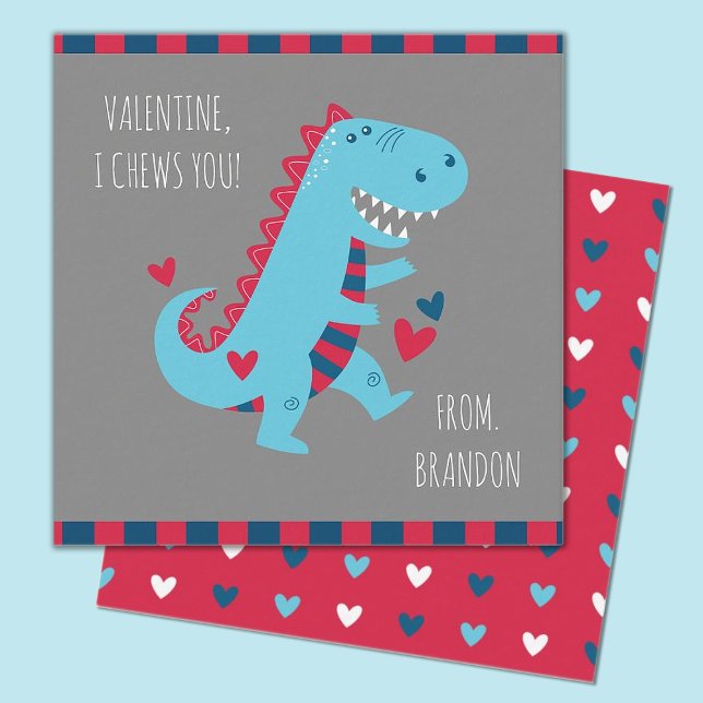 Tarjeta de notas de dinosaurio para niños en aula (Cute mini 2.5x2.5" dinosaur valentine, perfect for a kids classroom exchange)
