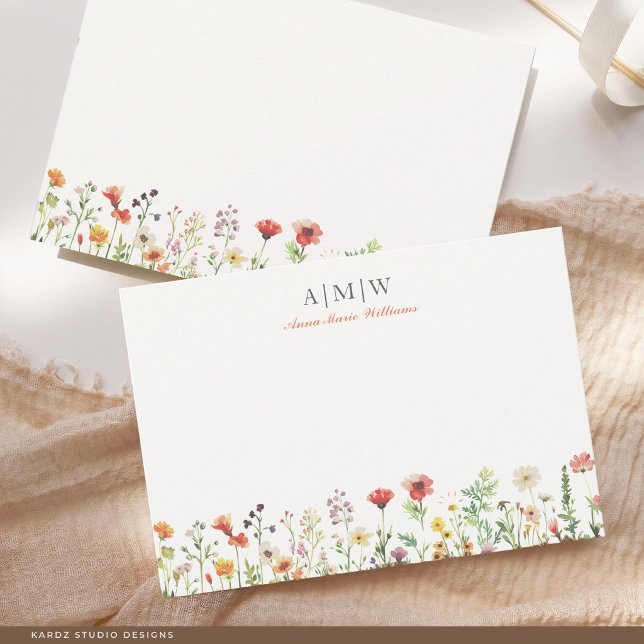 Tarjeta de Notas Elegante Boho Chic con Monograma (Card shown in 3.5 x 5 in. Choose size corner, style before check out. Card comes with off-white back)