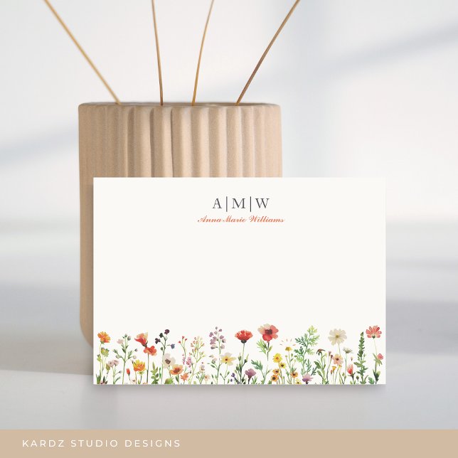 Tarjeta de Notas Elegante Boho Chic con Monograma (Card shown in 3.5 x 5 in. Choose size corner, style before check out. Card comes with off-white back)