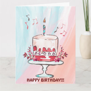 TARJETA DE NOTAS MUSICALES Y PASTEL DE CUMPLEAÑOS