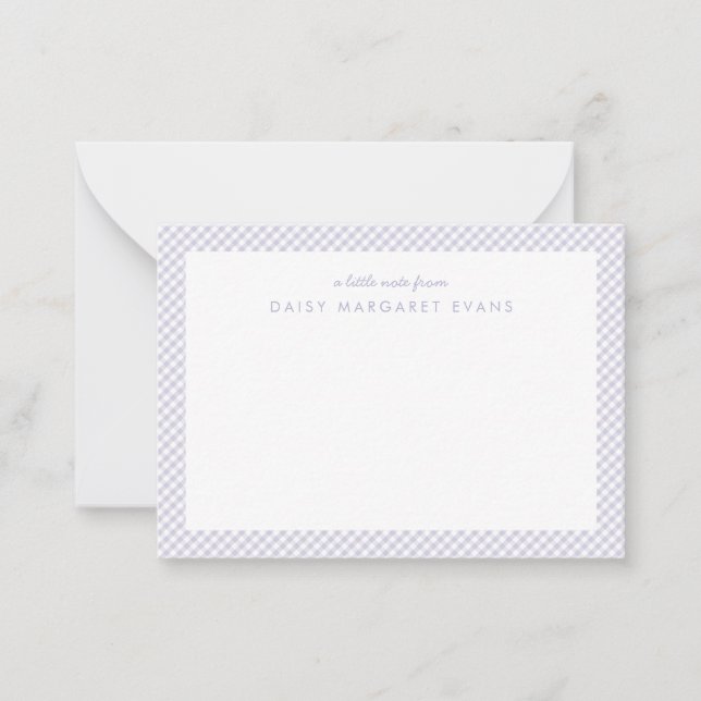 Tarjeta de notas personalizada de gingham púrpura  (Anverso)
