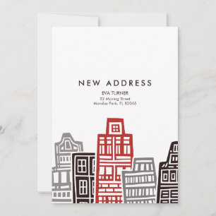 Tarjeta de nueva dirección con edificios retro roj