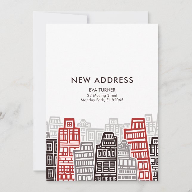 Tarjeta de nueva dirección de edificios retro rojo (Anverso)