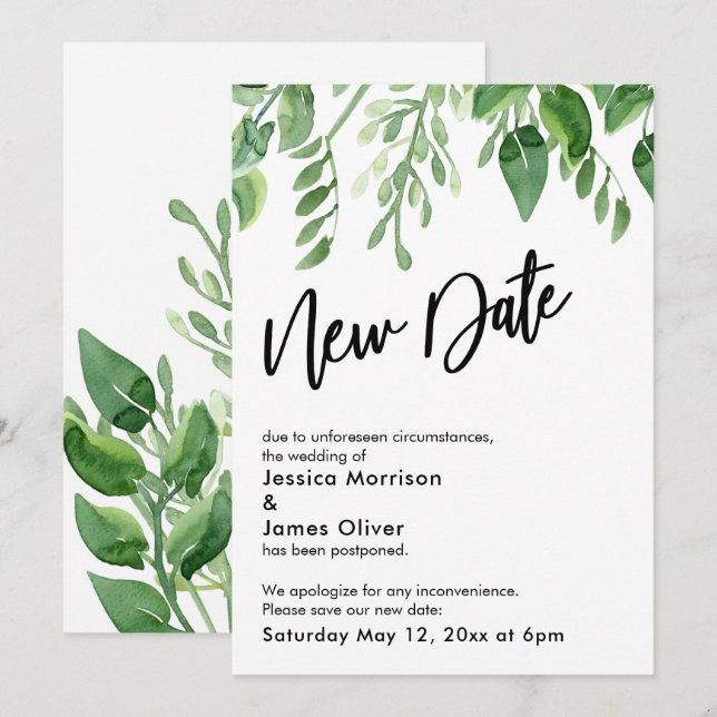 Tarjeta de nueva fecha de boda pospuesta Greenery  (Anverso / Reverso)