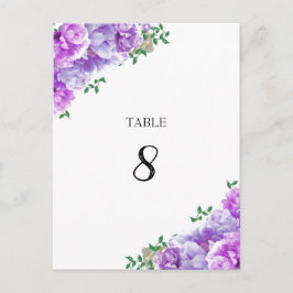 Tarjeta de número de asiento de mesa floral morada