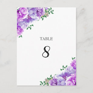Tarjeta de número de asiento de mesa floral morada