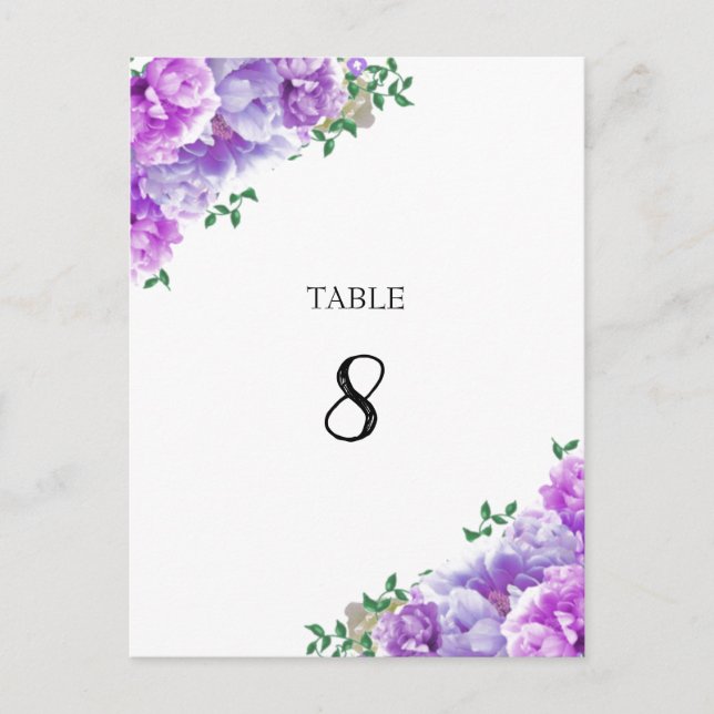 Tarjeta de número de asiento de mesa floral morada (Anverso)