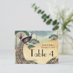 Tarjeta de número de boda con pavo real y palmera