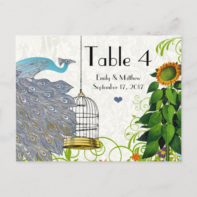 Tarjeta de número de Boda de jaulas de pavo real y (Reverso)