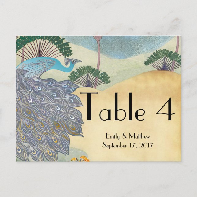 Tarjeta de número de Boda de pavo real y árbol de  (Anverso)