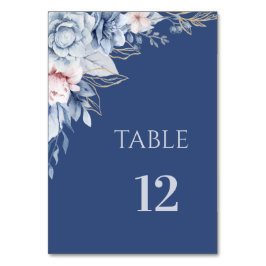 Tarjeta de número de mesa azul floral azul polvori