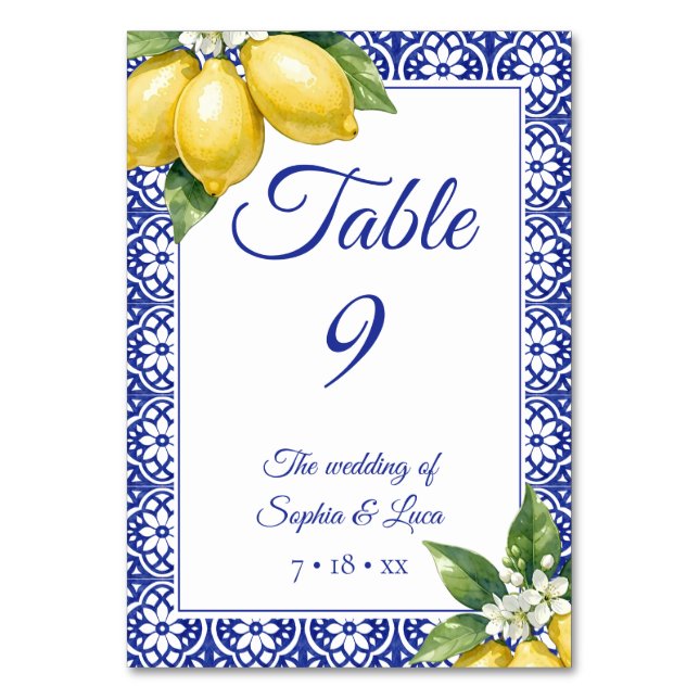 Tarjeta de número de mesa con azulejo azul y limón (Anverso)